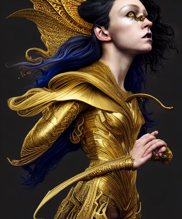 Prompt: hyperrealistic mixed media painting of a beautiful young female wizard, stunning 3d render inspired art by P. Craig Russell and Barry Windsor-Smith + perfect facial symmetry + dim volumetric lighting, vibrant short raven hair, ornate flowing black and gold robes, dizzy, full body, confident heroic pose, 8k octane beautifully detailed render, post-processing, extremely hyperdetailed, intricate, epic composition, grim yet sparkling atmosphere, cinematic lighting + masterpiece, trending on artstation, very very detailed, masterpiece, stunning