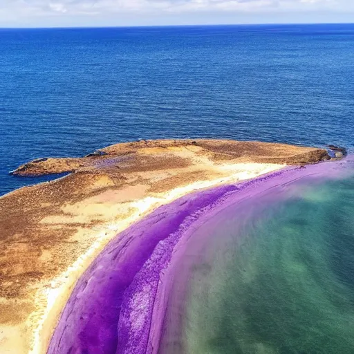 Prompt: birdseye of a beautiful purple beach, sun shining over a calm sea