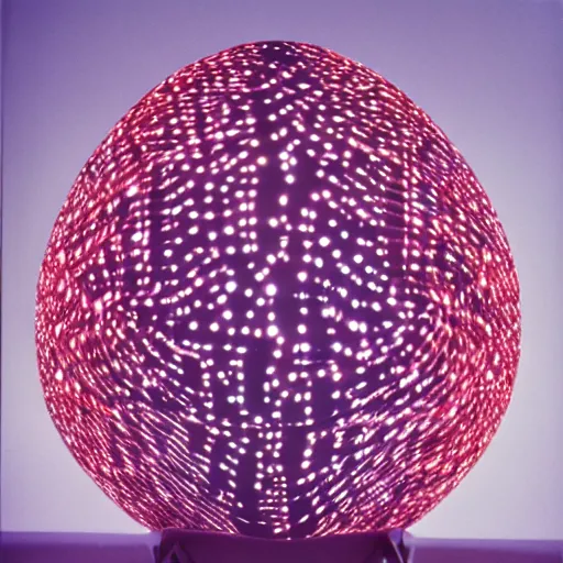 Prompt: annie liebowitz portrait of a plasma energy tron dinosaur egg in the shape of a dodecahedron made up of glowing electric plates and patterns. cinestill