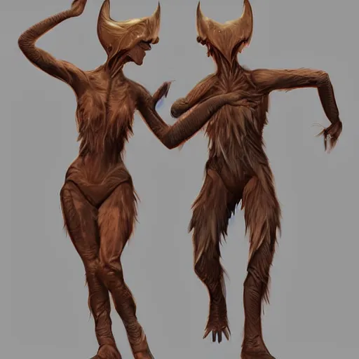 Prompt: Two elegant humanoid creatures, back to back, fused at the shoulders dancing on their pointy limbs. Award-winning digital art, trending on ArtStation