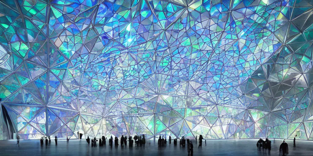 Image similar to futuristic translucent iridescent mosque exterior, hive power architecture by Buckminster Fuller and photo by Nick Hufton and Allan Crow , inspired by Mining by Risa lin on art station