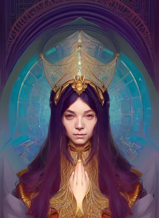 Image similar to symmetry!! portrait of a female sorcerer, dar fantasy, intricate, elegant, highly detailed, my rendition, digital painting, artstation, concept art, smooth, sharp focus, illustration, art by artgerm and greg rutkowski and alphonse mucha and huang guangjian and android jones and sachin teng