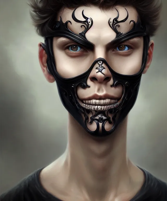 Image similar to european young man wearing black mask, beautiful face, highly detailed face!!!, true anatomy!, extremely detailed!, digital painting, unreal engine 5, art by tom bagshaw