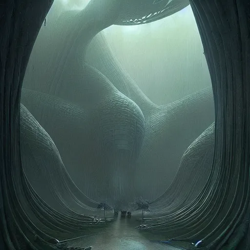 Image similar to epic alien jungle by zdzisław beksinski, greg rutkowski inside a giant futuristic space by zaha hadid, inspired by the movie matrix