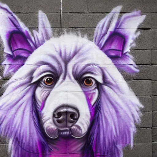 Image similar to a graffiti art of a purple dog with afro hair in the streets of los angeles, hd, 8 k, hyper realistic, hyper detailed,