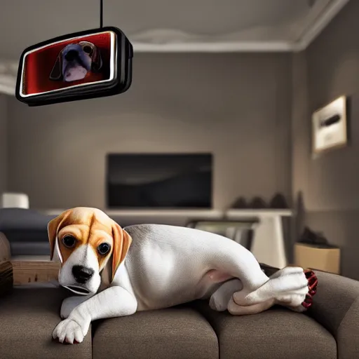 Image similar to a 3d beagle puppy head lamp, placed in a large living room, art designers magazine HD photo superrealism 3d 8k resolution