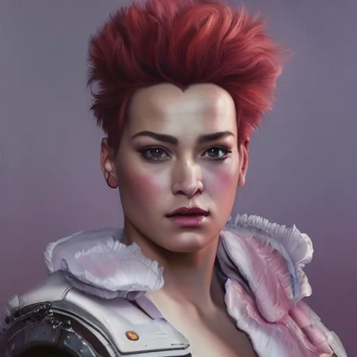 Prompt: portrait of zarya from overwatch in disco elysium, by alexander mcqueen, by roberto ferri, by tom bagshaw, by j. c. leyendecker and klimt, by austin osman spare, highly detailed oil painting, very intricate, cinematic lighting, award - winning, american romanticism, artstation, cgsociety, official art, octane