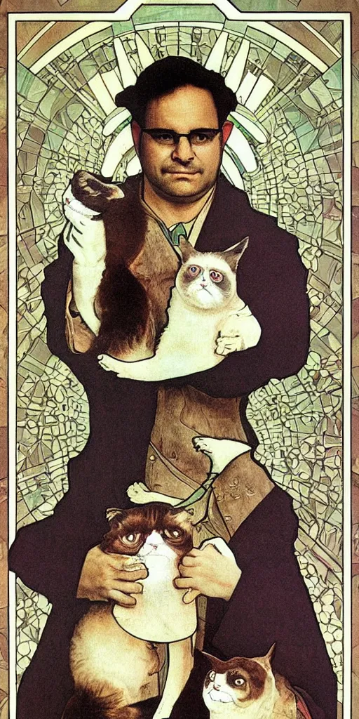 Prompt: “ george costanza from seinfeld holding grumpy cat, halo, art nouveau, extremely detailed, by alphonse mucha ”