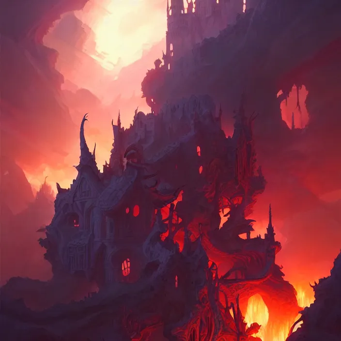 Image similar to style artgerm, joshua middleton, jesper ejsing, twisted castle in hell, very long wirey spires, fire swirling, detailed, cave setting, volumetric lighting