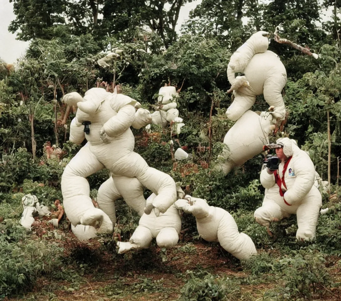 Image similar to a 3 5 mm photography, kodachrome colour, of grandpa fighting with white michelin man costume, riding a hippo, strange creatures and alien plants around, photos taken by martin parr