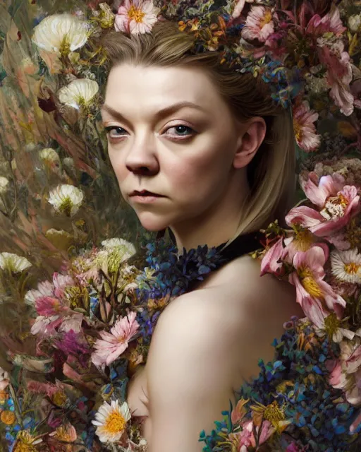 Image similar to portrait of natalie dormer, surrounded by flowers by karol bak, james jean, tom bagshaw, rococo, sharp focus, trending on artstation, cinematic lighting, hyper realism, octane render, 8 k, hyper detailed.