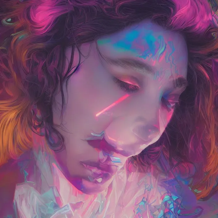 Prompt: young woman, gorgeous face, vaporwave aesthetic, synthwave, colorful, psychedelic, abused, broken, shattered, beaten, sadness, crying, artstation, concept art, smooth, extremely sharp detail, finely tuned detail, 8 k, ultra sharp focus, illustration, art by artgerm and greg rutkowski and alphonse mucha