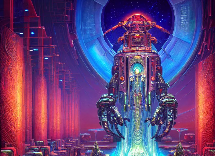 Prompt: a beautiful painting of a large cyber robot altar shrouded by mystic nebula magic in an endless temple library by moebius and android jones, galactic waterfalls, oil on canvas sharp, details, hyper - detailed, hd, hdr, 4 k, 8 k