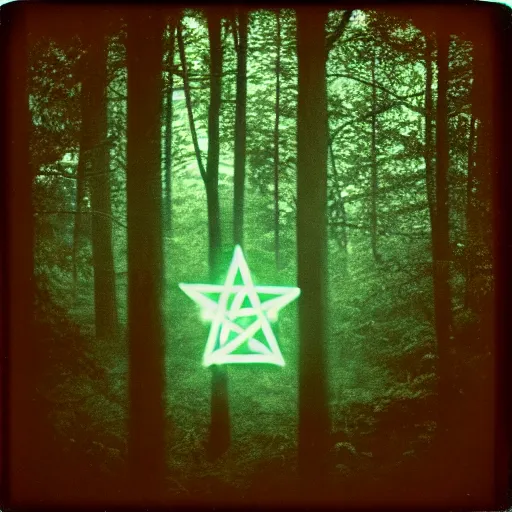 Image similar to glowing pentagram in a forest clearing at night, old polaroid, expired film, blurry, lost footage, found footage, creepy,