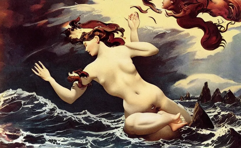 Image similar to the birth of venus, frank frazetta style art, dramatic, fantasy art, dynamic lighting