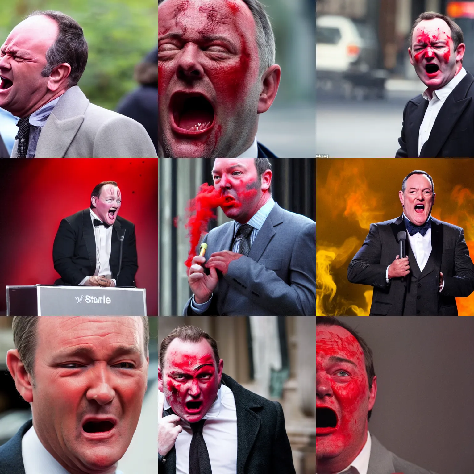 Prompt: kevin spacy screaming with red face. smoke coming out of his ears