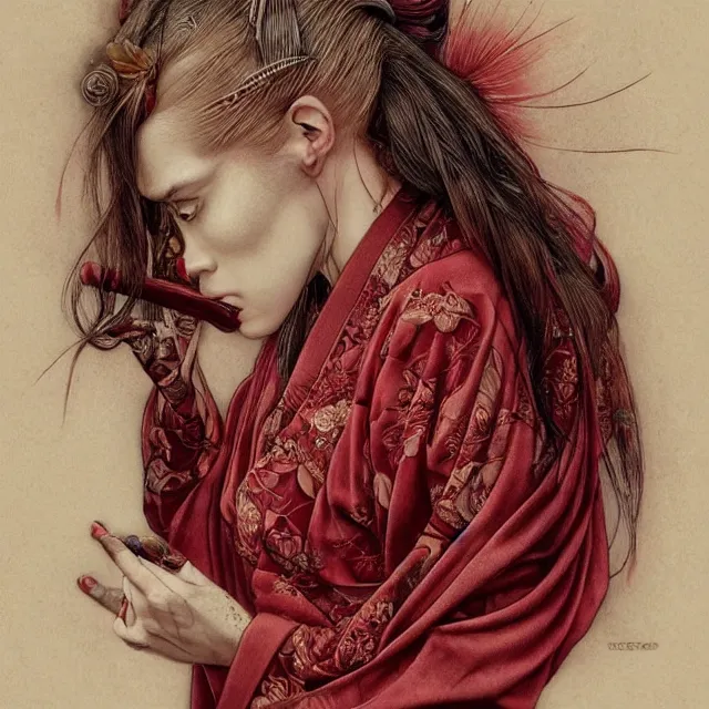 Image similar to ultra realistic illustration, beautiful woman dressed in red kimono, backview, tattoos, in the style of gerald brom by weta digital and beth cavener, high face symmetry, intricate, masterpiece, award winning, high face symmetry, intricate