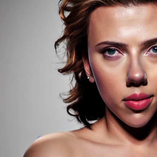 Image similar to beautiful portrait photo of Scarlett Johansson, 85mm, white studio backdrop. She is bending over to pick something important up. you cannot see her face in the image.