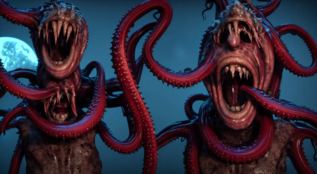 Image similar to gary busey as a monster with tentacles, horror video game, sci fi horror, alien ( 1 9 7 9 ), body horror, unreal engine, octane render, depth of field, cycles render, hd