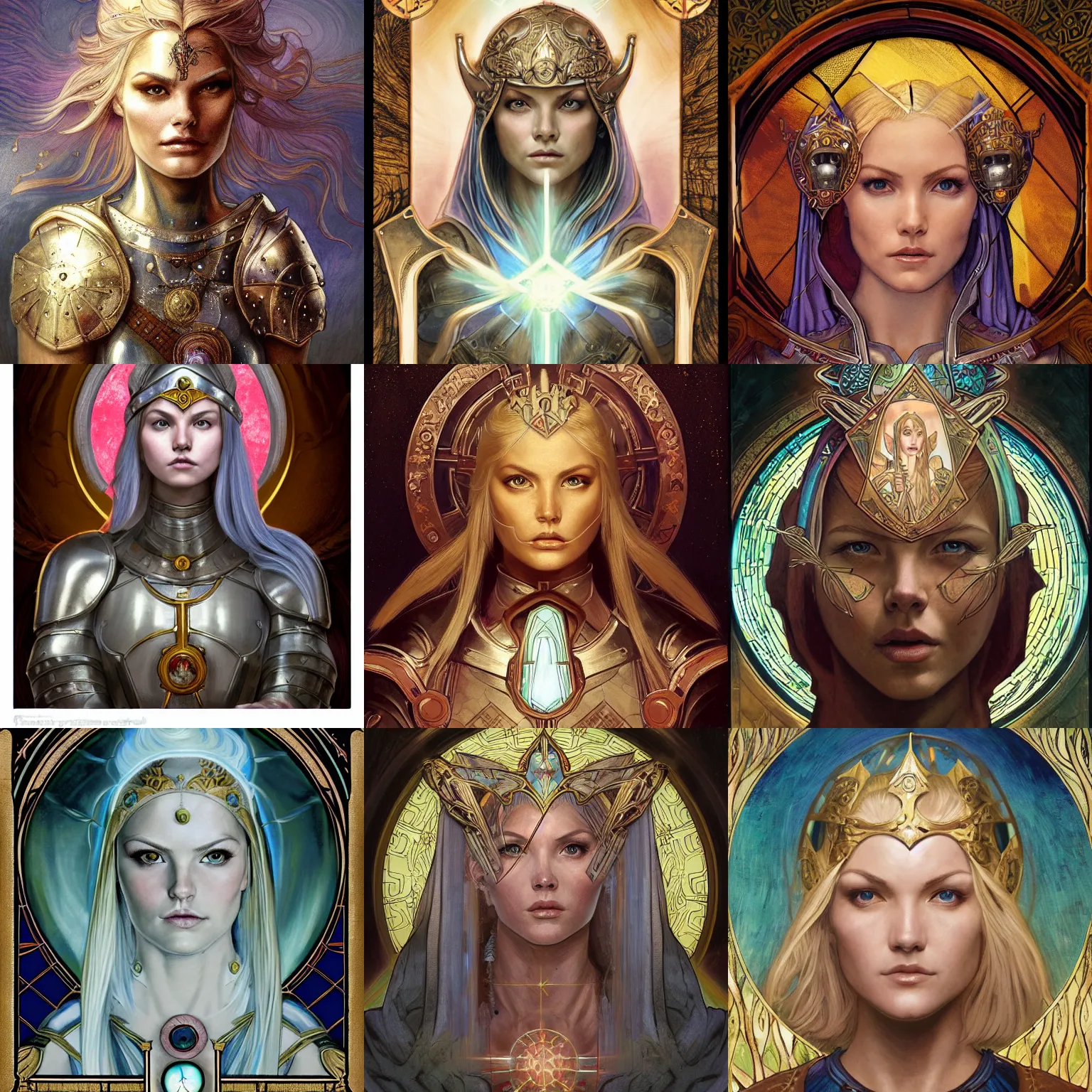 Prompt: masterpiece head-on symmetrical centered portrait, Elisha Cuthbert as a paladin, Gloomhaven style, medieval era, blonde hair, prismatic golden halo around head, wearing plate armour, elegant, distant, stained glass tarot style, in the style of Edgar Maxence and Ross Tran and Zdzisław Beksiński and Michael Whelan and Mucha and Gustave Doré, specular highlights, 8k, octane render