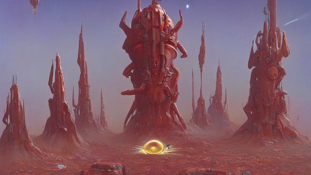 Image similar to mysterious whimsical sculpture of alien technology by paul lehr and john schoenherr and john harris, cinematic matte painting