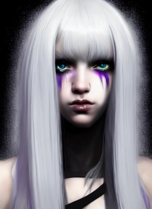 Image similar to hair whitebangs hair, black cyberlox, portrait of normal teenage girl, white bangs, messy bangs, fluffy bangs, cyberlox, whitebangs, red irises, purple background, intricate, elegant, highly detailed, digital painting, artstation, concept art, sharp focus, smooth, illustration, art by wlop, mars ravelo and greg rutkowski