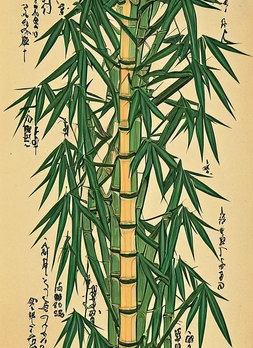 Prompt: fantasy scientific botanical illustration of a giant bamboo that grows like a nervous system, Ukiyo-e, isometric