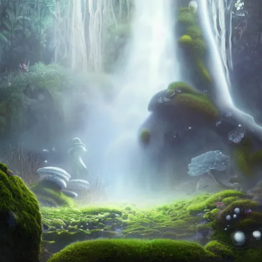 Image similar to tom bagshaw, soft painting render curiosities pond vegetation rocks gigantic mushrooms covered moss scintillating flying bioluminescent wisps, beautiful miniature silhouettes waterfall rainbow wildlife, accurate features, focus, very intricate ultrafine details, random volumetric lighting, fog, award winning masterpiece, octane render 8 k hd, artstation