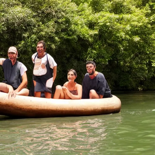 Image similar to four people on a wooden raft