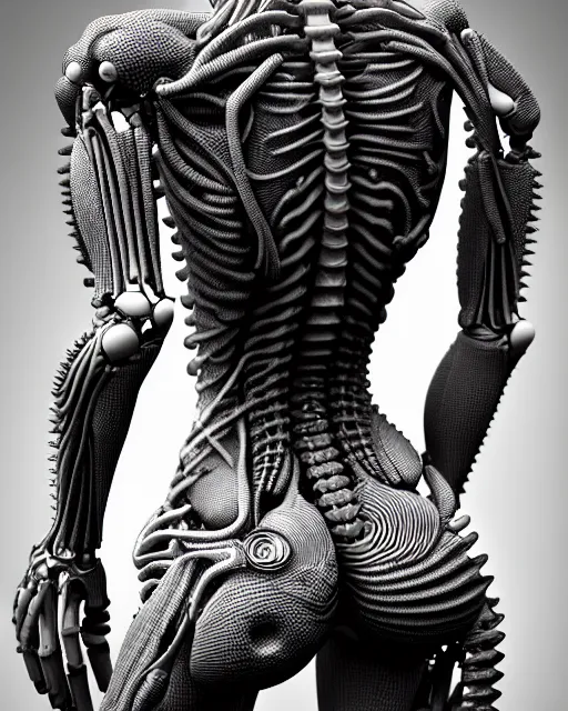 Image similar to raw bw 3 d redshift render biomechanical intricate spinal ribbed organic body detail of mechanical female vegetal - cyborg, beautiful insanely detailed, digital art, octane render, 8 k artistic photography, photo - realistic, unreal engine