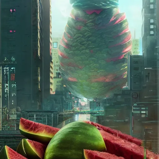 Prompt: Concept Digital Art Highly detailed giant Watermelon warlord destroying city by Stephen Hickman and Beeple. Very highly detailed 8K,Pentax 67, Kodak Portra 400 in style of Hiromasa Ogura Ghost in the Shell, the golden ratio, rational painting