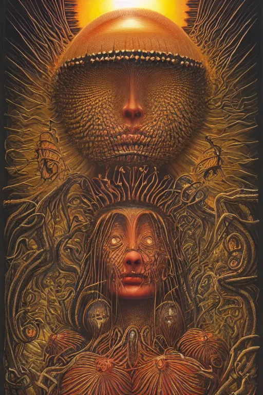 Image similar to THE QUEEN OF THE SUN by jacek yerka, alex gray, zdzisław beksiński, dariusz zawadzki, jeffrey smith and h.r. giger, oil on canvas, 8k highly professionally detailed, trending on artstation