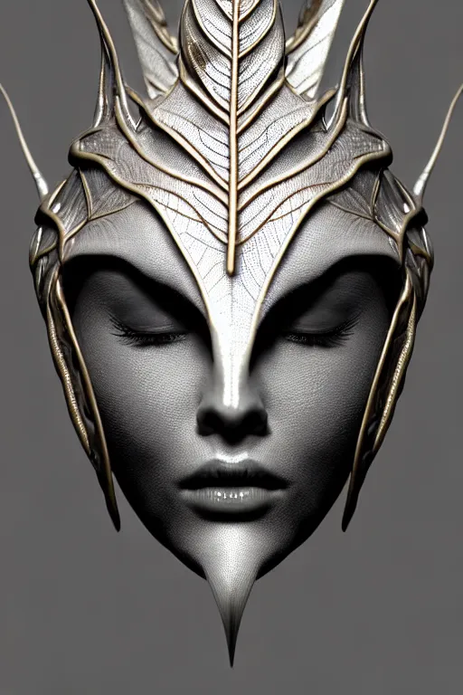 Image similar to bw close - up profile face, black background, beautiful young porcelain vegetal - dragon - cyborg - female, 1 5 0 mm, beautiful natural soft rim light, silver gold details, magnolia leaves and stems, roots, mandelbot fractal, elegant, ultra detailed, white metallic armour, octane render, h. r. giger style