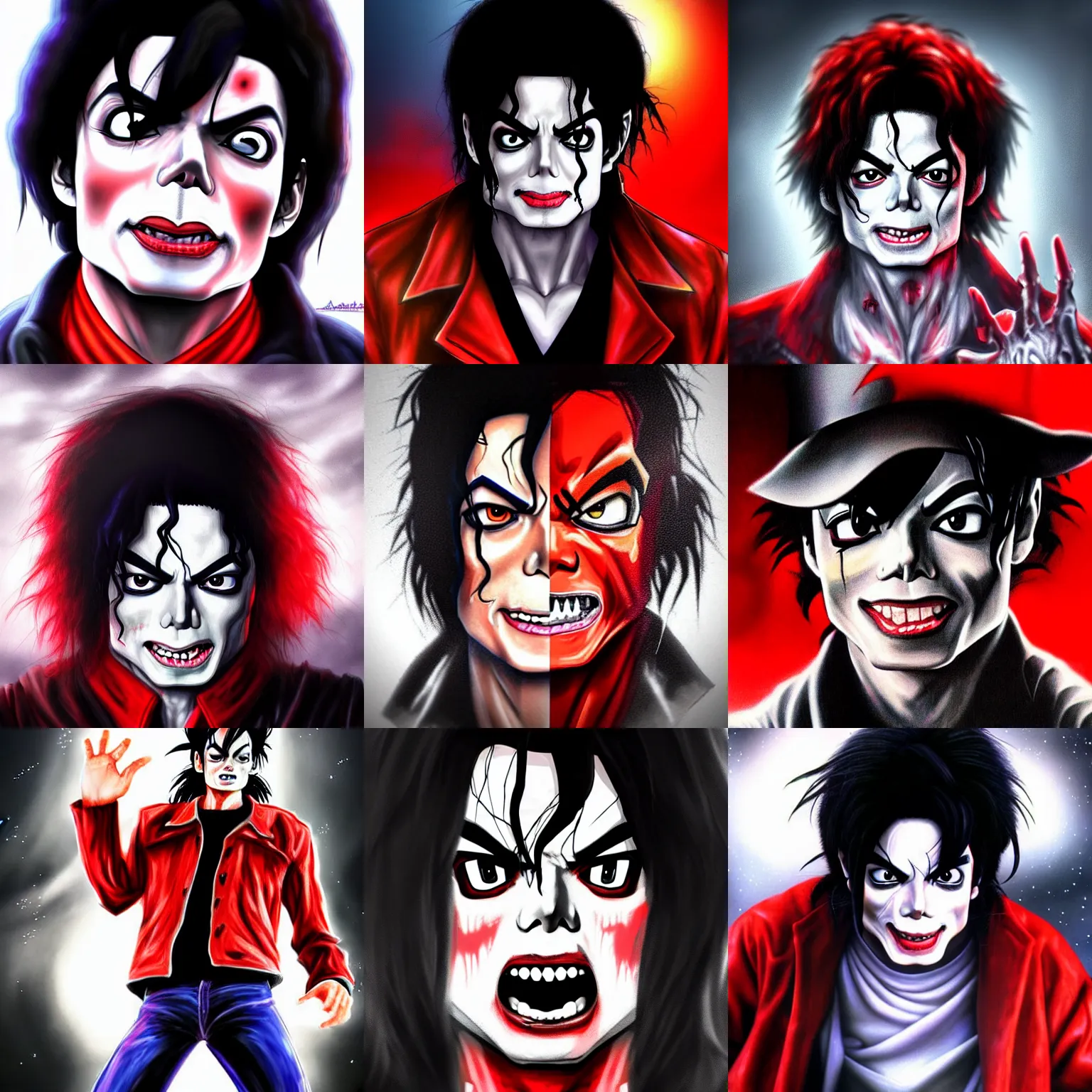 Prompt: michael jackson!!!! realistic dramatic !big face realistic close up concept art of michael jackson zombie red jacket as a dragon ball Z character,dark eye sockets, graveyard landscape at night , 4k anime character illustration by akira toriyama, artstation