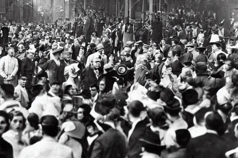 Prompt: a time traveler dressed in a futuristic experimental suit, among a crowd. in a black and white historical picture from 1 9 2 0,