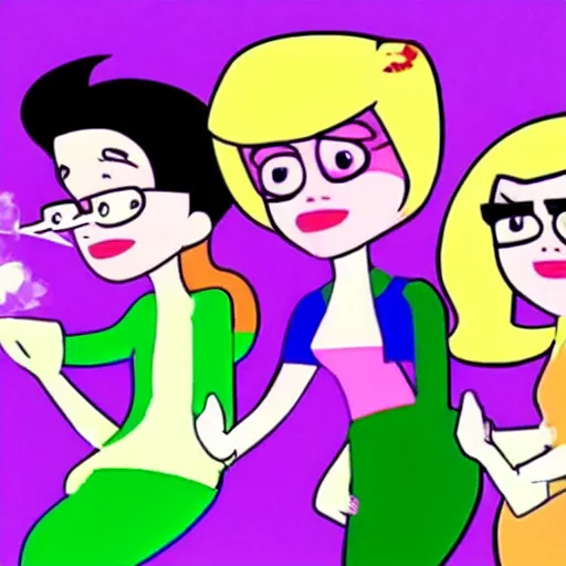 Prompt: animation of grownup The Powerpuff Girls smoking weed in a purple room