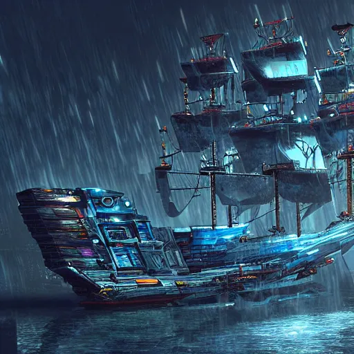 Image similar to an epic looking cyberpunk pirate ship, highly detailed digital art