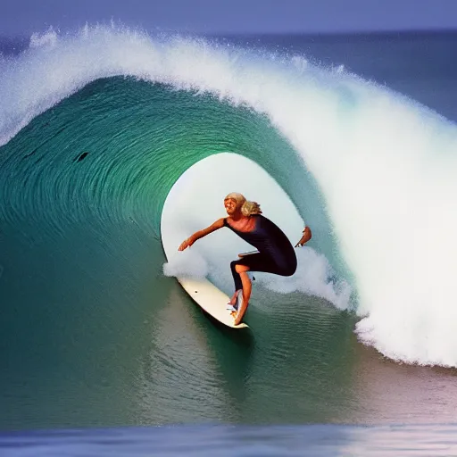 Image similar to 2 0 year old blond surfer on a giant wave, vivid, realistic