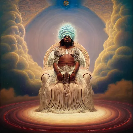 Prompt: obatala the cosmic god sitting on a throne of nebula clouds, by Agostino Arrivabene and alex grey, matte painting, orisha, 8k, hd