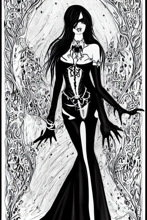 Prompt: pretty gothic sorceress wearing a tight dress with illustrious details, jewelry, ornated clothing, attractive, character concept, black and white drawing with a fine tip pen sketch