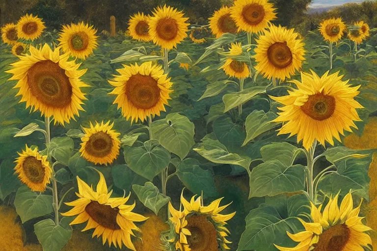 Prompt: lots of sunflowers in a garden, golden hour, artstation, by J. C. Leyendecker and Peter Paul Rubens