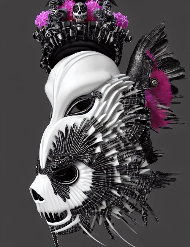 Image similar to 3 d goddess close - up profile simple portrait punk skull with mohawk with ram skull. beautiful intricately detailed japanese crow kitsune mask and clasical japanese kimono. betta fish, jellyfish phoenix, bio luminescent, plasma, ice, water, wind, creature, artwork by tooth wu and wlop and beeple and greg rutkowski