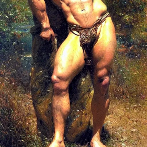 Image similar to young shepherd by a river, playful, male, muscular, detailed face, thighs!!!! gorgeous, amazing, muscular, intricate, highly detailed, painting by Gaston Bussiere, Craig Mullins