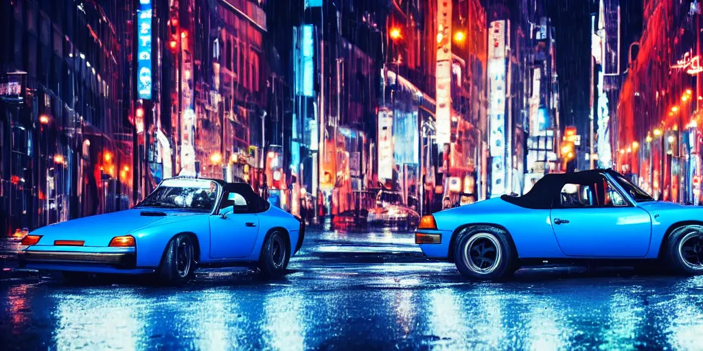 Image similar to blue porsche 9 1 4 convertable on a rainy city street, neon lights glowing, cinematic, ultrarealisitc, 4 k