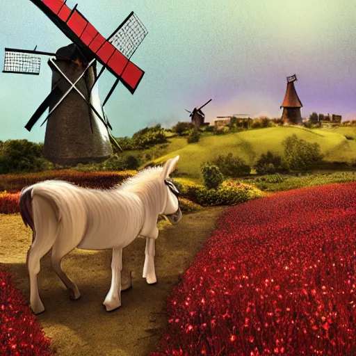 Prompt: Village observes beautiful donkey standing near a windmill, spots of red flowers nearby, medieval french landscape, Carcassonne, cozy wallpaper, 4k, high details, volumetric dynamic lighting, motion blur, blur, trending on Artstation, award-winning, art by Studio Ghibli, by Chris Moore