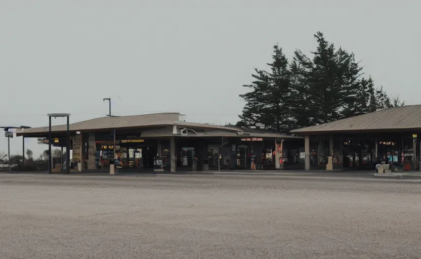 Prompt: cinematic still screenshot of the port byron travel plaza in the middle of nowhere, shot by saul leiter, camera height 7 feet, moody cinematography, 2 4 mm anamorphic lens