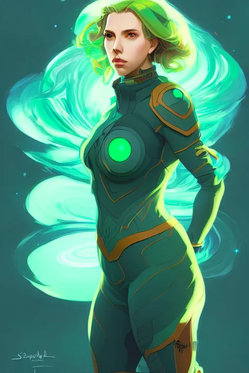 Prompt: style artgerm, joshua middleton, illustration, scarlett johansson as artificer wearing green pelt light armor, anime eyes, blue hair, swirling water cosmos, fantasy, dnd, cinematic lighting