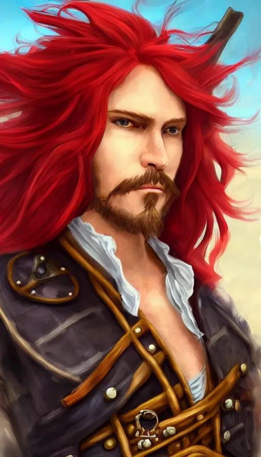 Image similar to portrait of a male pirate with flowing red hair!!!!!!, airship in the background!!!!!!, lean body!!, Steampunk!!!!!!!, D&D, fantasy, simple clothing!!!!, elegant, highly detailed, digital painting, artstation, concept art, sharp focus, illustration, art by Artgerm and Greg Rutkowski and Alphonse Mucha