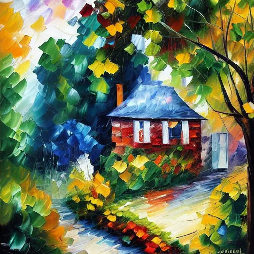 Image similar to a cottage with a garden, leonid afremov