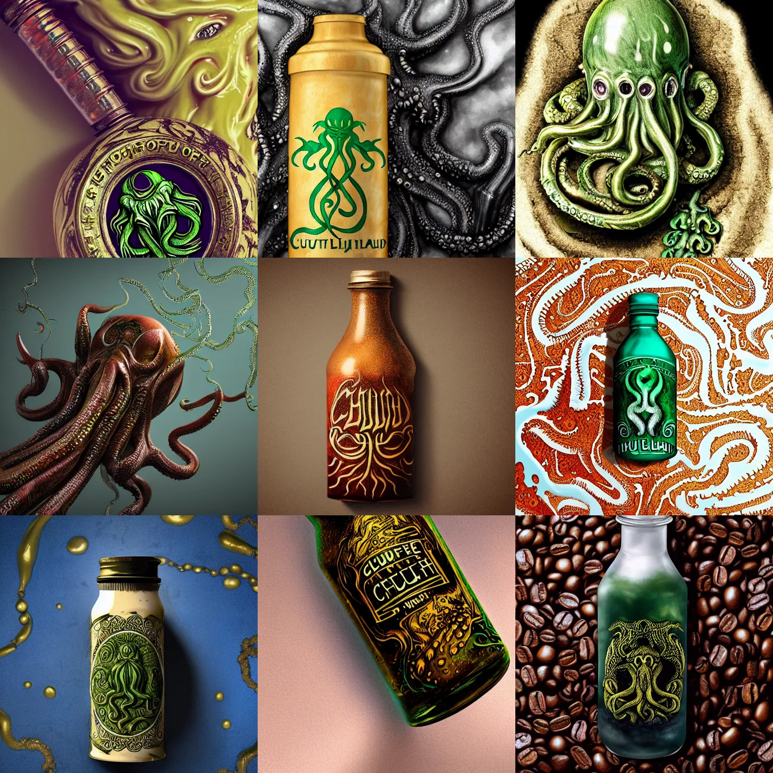 Prompt: cthulhu painted by milk foam in coup of coffee, top view, lovecraft illustration, 1920 style, hyper realistic extreme shine details, translucent glass shine, extreme ornate intricate bottle and cork detail, condensation droplet render, Octane render, full frame